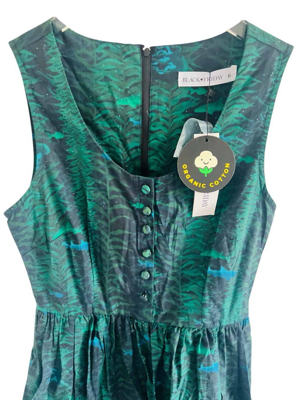 Black Friday Teal Green Organic Cotton Printed Sleeveless Dress